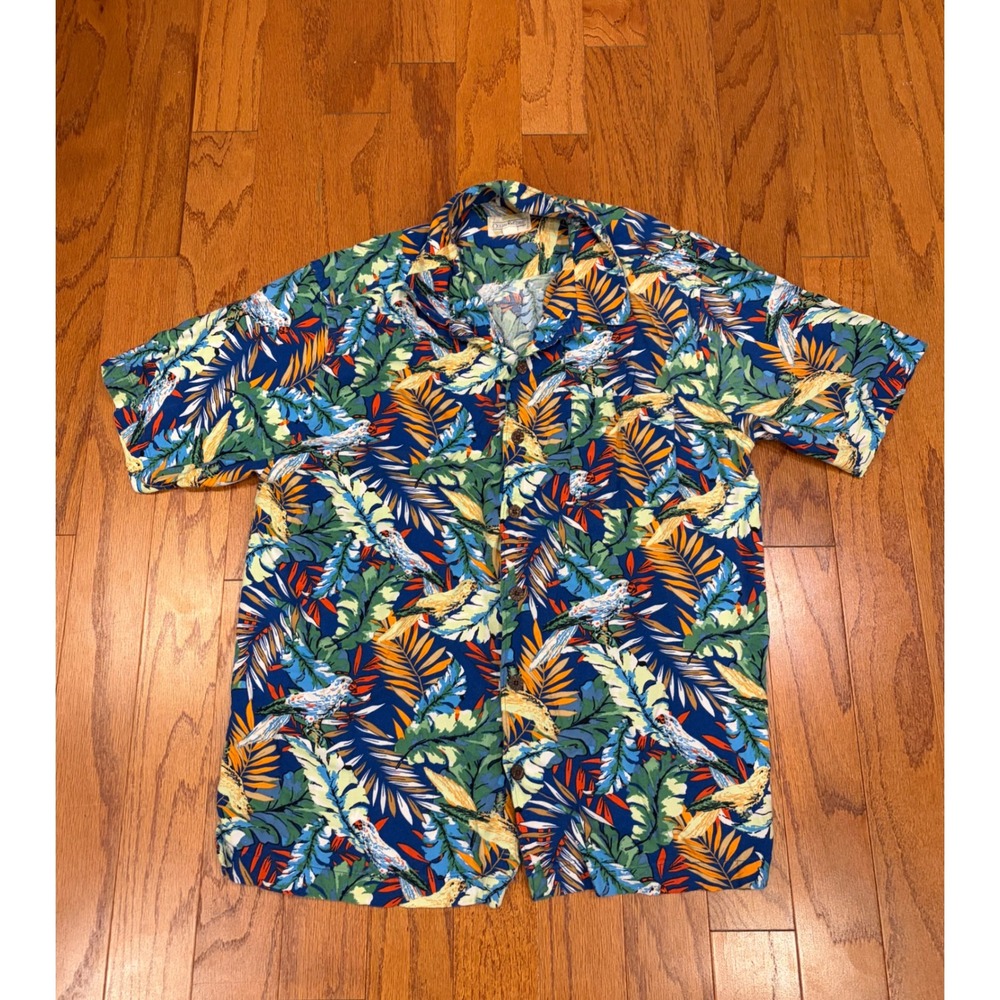 Ocean and Coast Mens Large Tropical Bird Palm Print Button Down Shirt Blue L